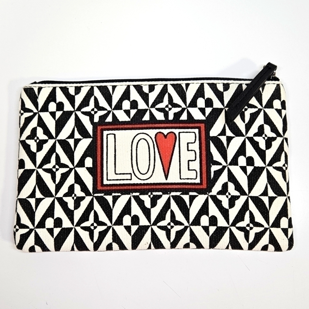 NEW Brighton LOVE Black & White Heart Canvas Makeup Pouch Clutch Bag